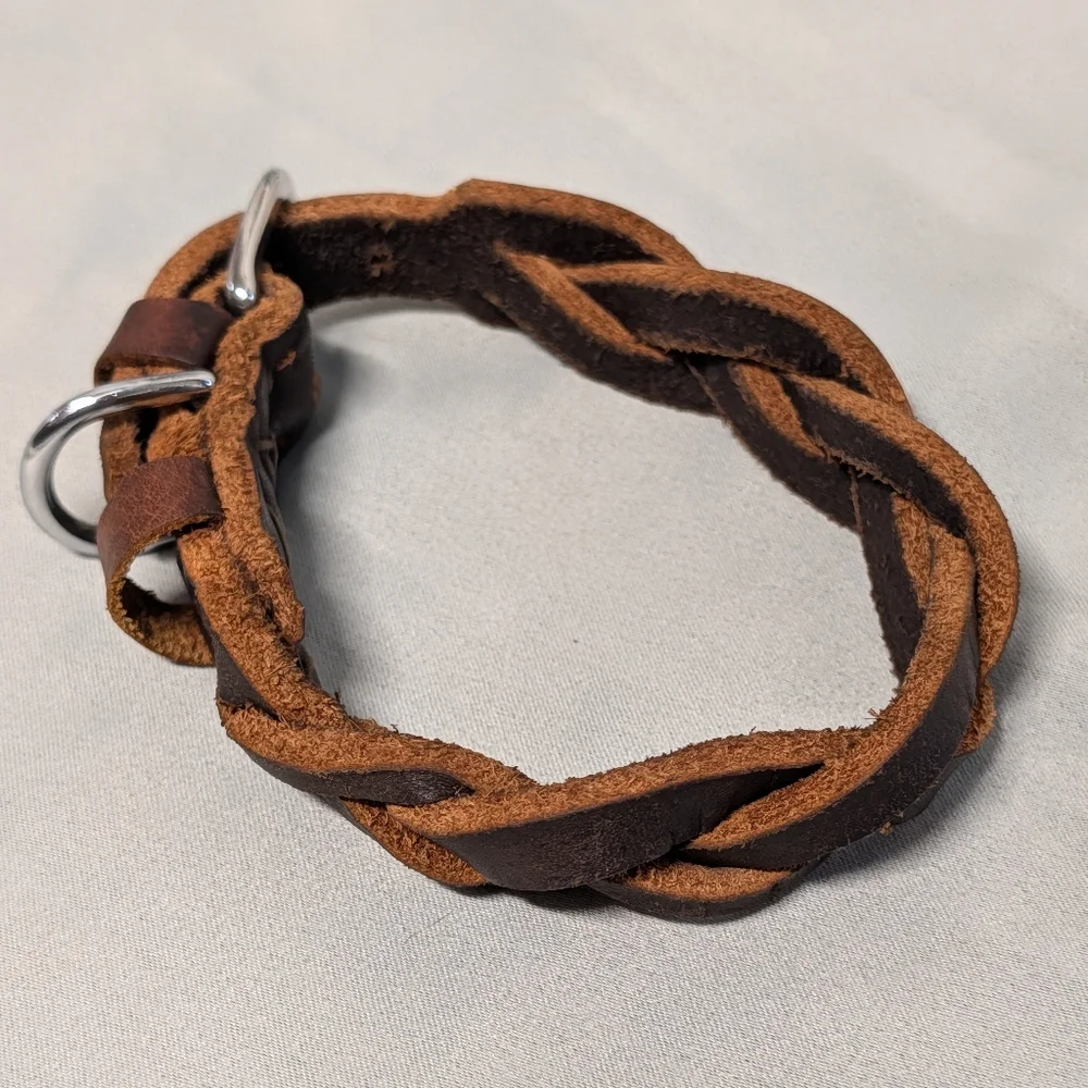 Braided Brown Leather Dog Collar with Silver Buckle (Small Dog)